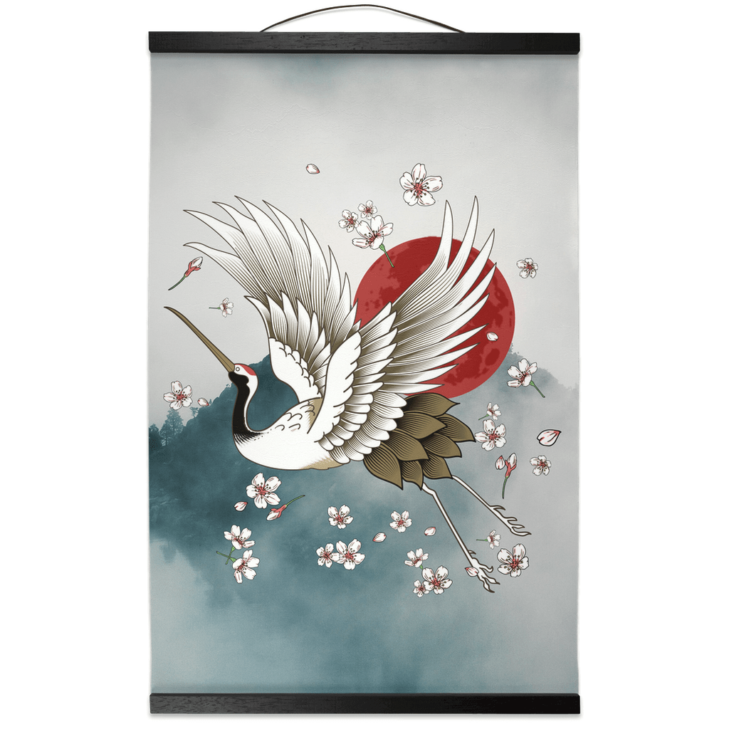 Sakura Graceful Crane Hanging Canvas Scroll