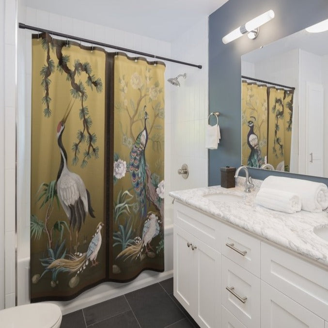 Benevolent Crane And Peacock Artisan Shower Curtain