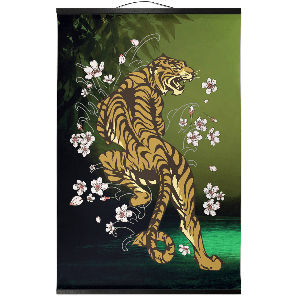 Enchanting Tiger In The Sakura Garden Hanging Canvas Scroll