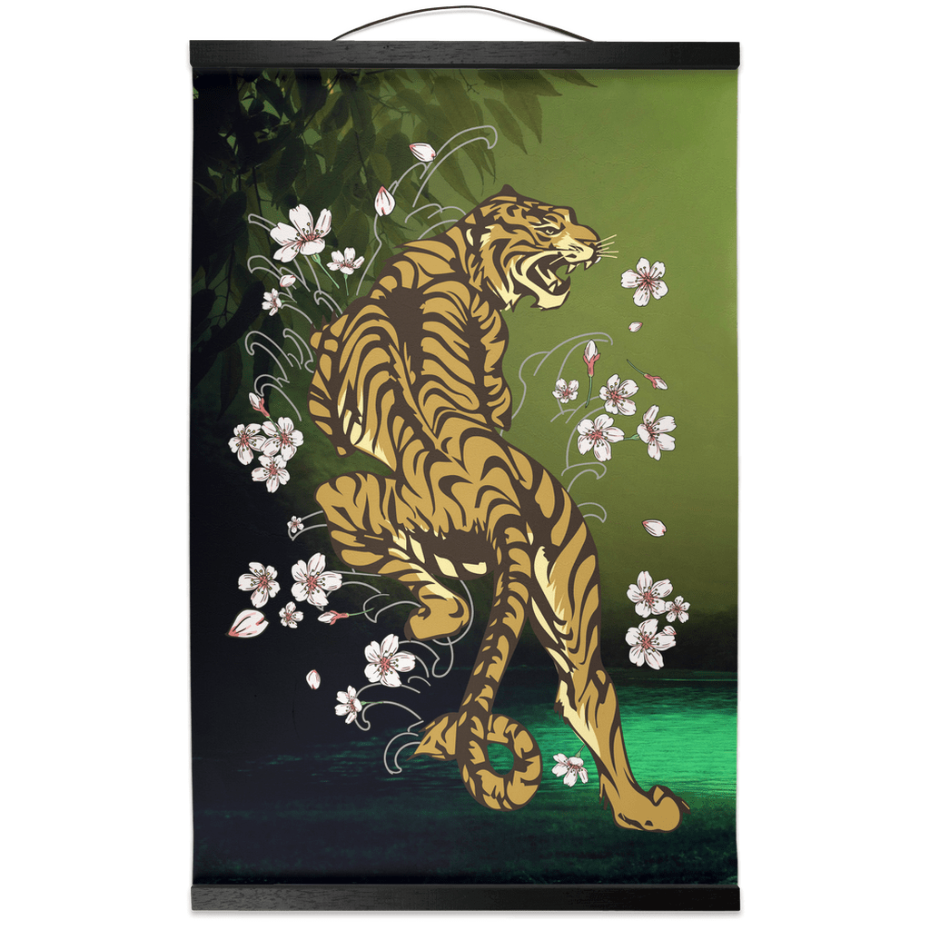 Enchanting Tiger In The Sakura Garden Hanging Canvas Scroll
