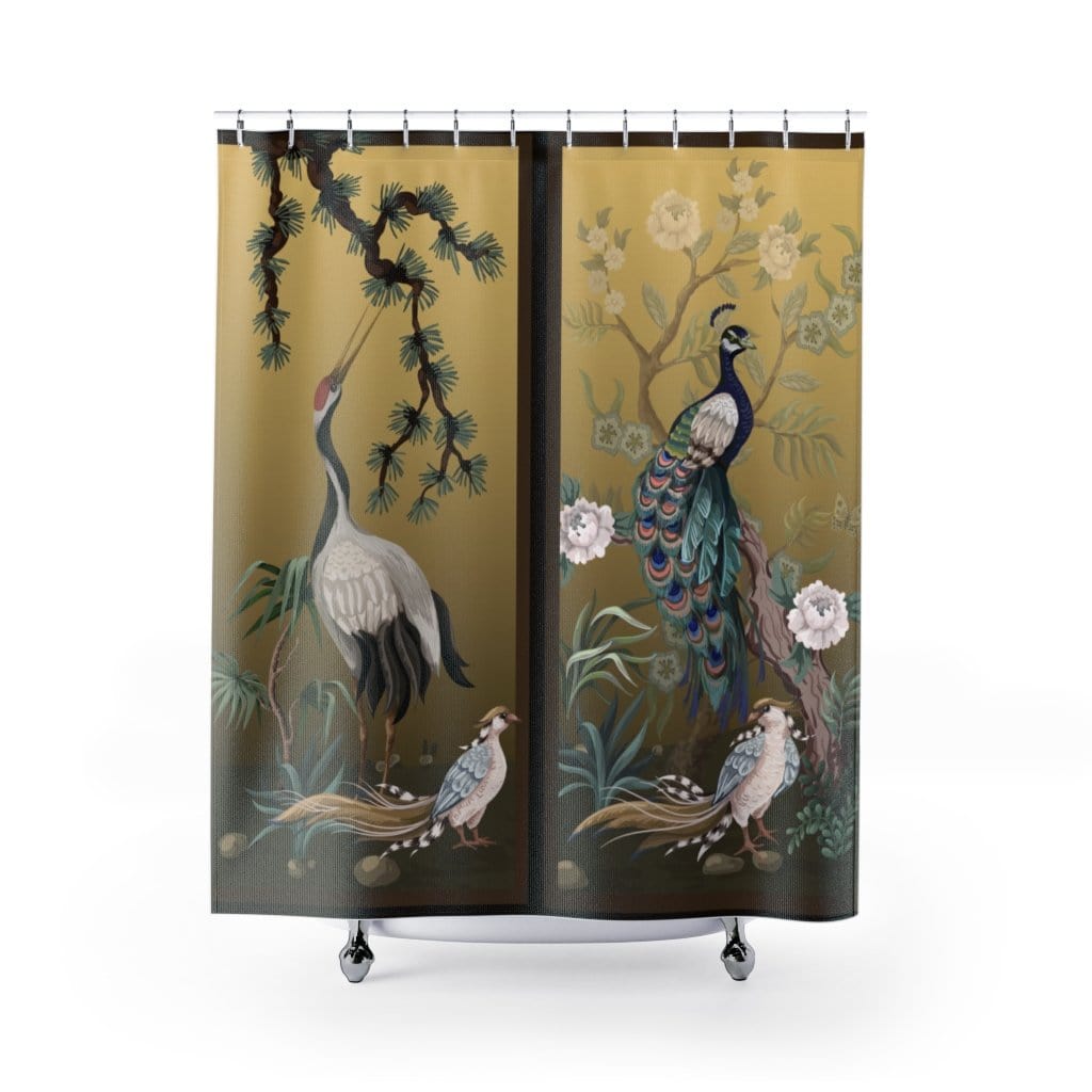 Benevolent Crane And Peacock Artisan Shower Curtain