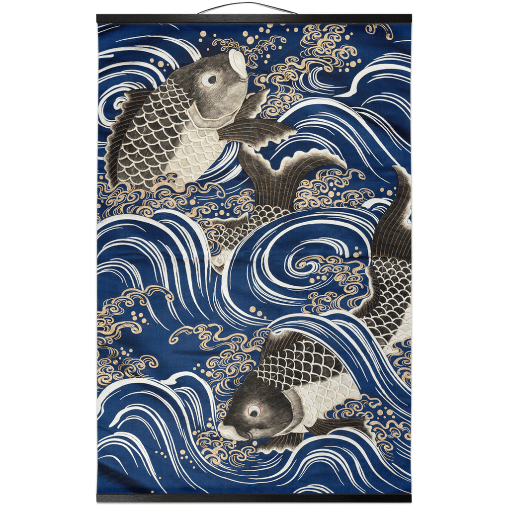 Blue River Koi Hanging Canvas Scroll