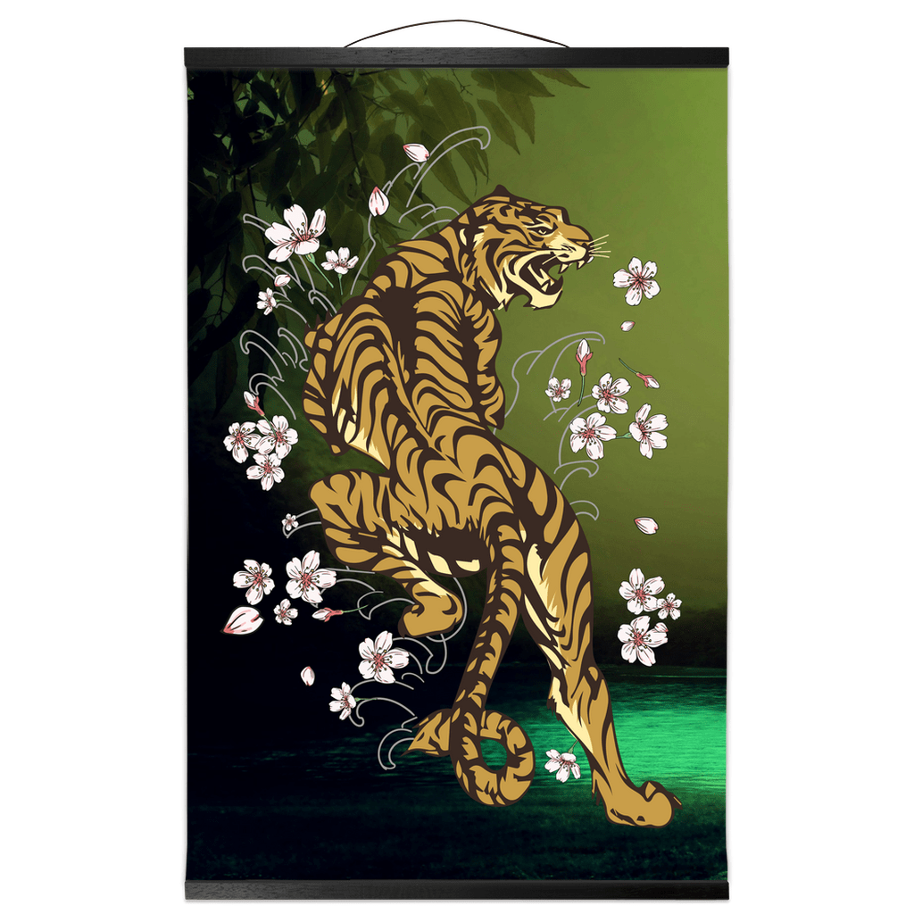 Enchanting Tiger In The Sakura Garden Hanging Canvas Scroll