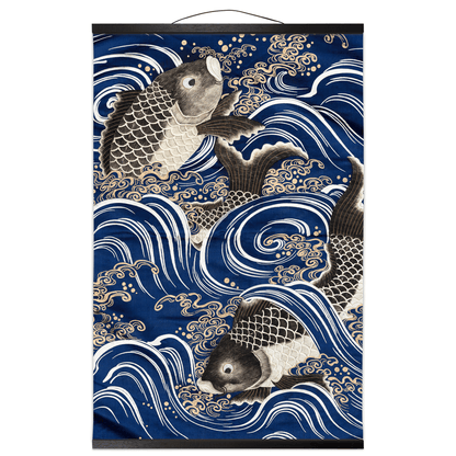 Blue River Koi Hanging Canvas Scroll