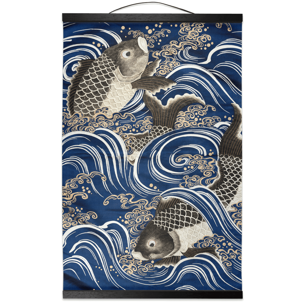 Blue River Koi Hanging Canvas Scroll